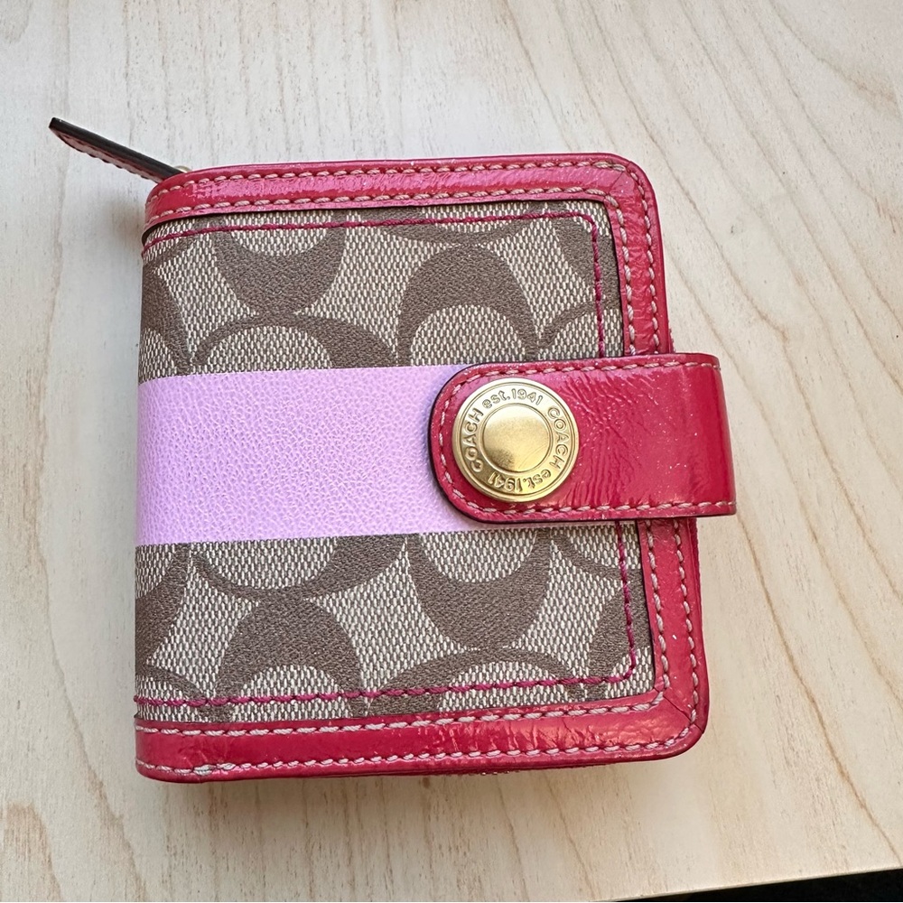 Coach Pink and Tan Billfold Wallet with coins pouch